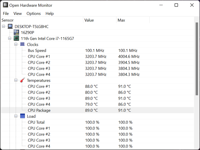 LG Gram 16: Citiri temperaturi procesor