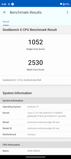 Motorola Edge 40 Neo - Rezultate Ã®n Geekbench 6