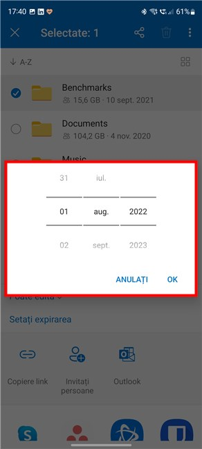 Alege o datÄƒ de expirare pentru linkul OneDrive