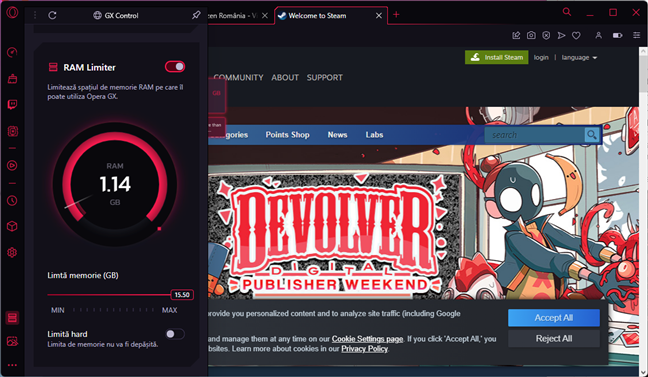 Opera GX are Ã®ncorporate un RAM Limiter È™i un CPU Limiter