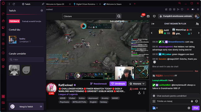 Twitch este disponibil din bara lateralÄƒ a lui Opera GX