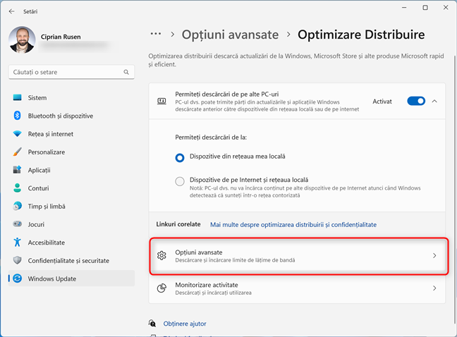 ÃŽn Optimizare Distribuire, acceseazÄƒ OpÈ›iuni avansate