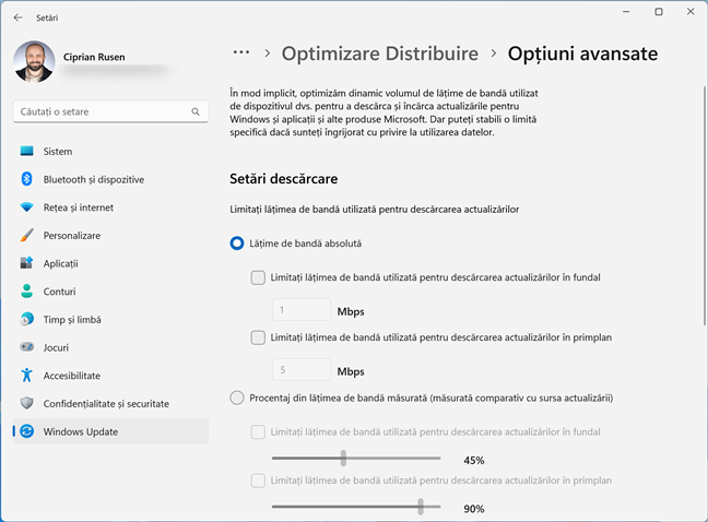 StabileÈ™te limitele lÄƒÈ›imii de bandÄƒ pentru Optimizare Distribuire Ã®n Windows 11