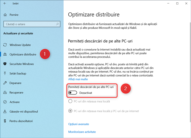 Cum dezactivezi Optimizare distribuire Ã®n Windows 10