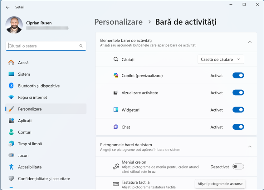 SetÄƒrile de personalizare pentru bara de activitÄƒÈ›i