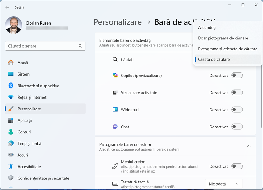 Personalizarea pictogramei/casetei de CÄƒutare