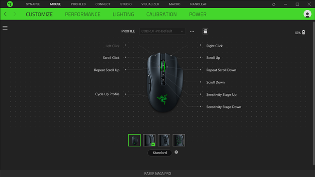 OpÈ›iuni de personalizare pentru Razer Naga Pro Ã®n Synapse