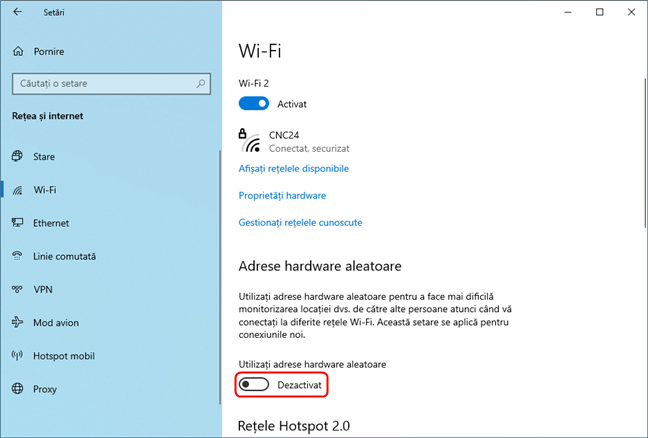 DezactiveazÄƒ Adrese hardware aleatoare Ã®n Windows 10