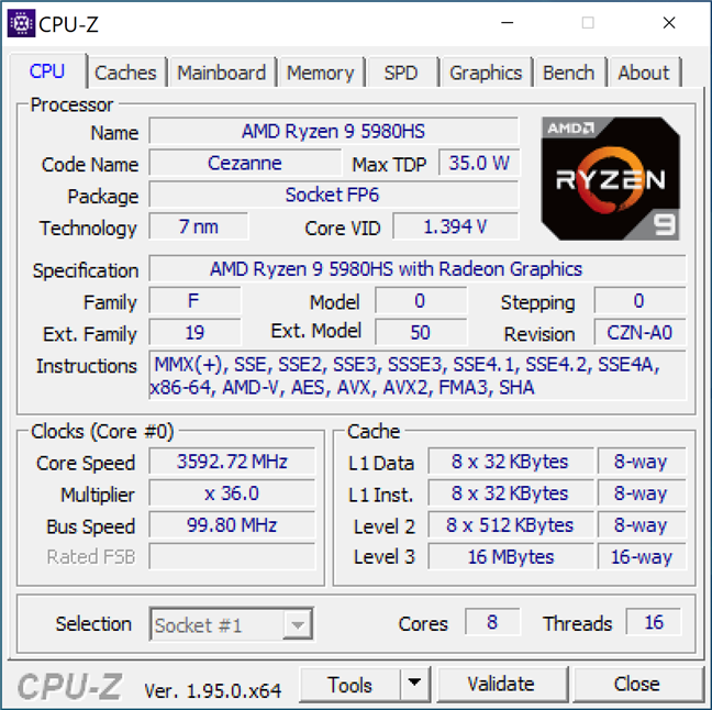 Detalii despre procesor afiÈ™ate de CPU-Z