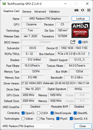 ASUS ROG Strix G17 G713QC: Detalii cip grafic procesor