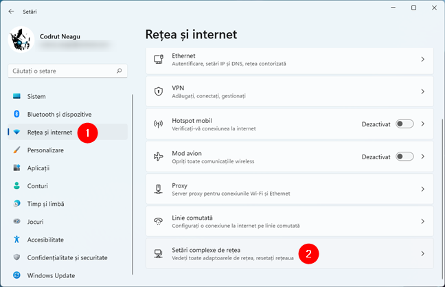 Deschide SetÄƒri complexe de reÈ›ea Ã®n Windows 11