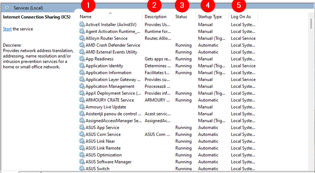 Cum sunt organizate serviciile Windows Ã®n fereastra Services