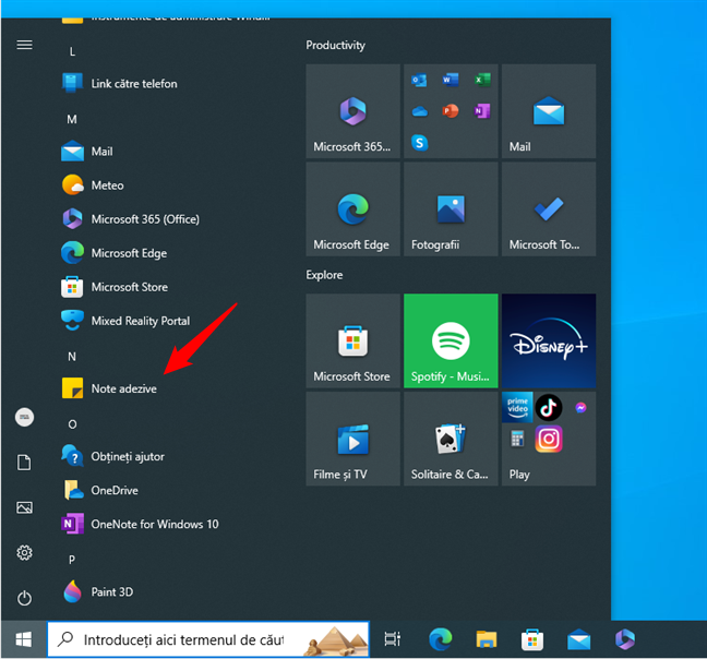 ScurtÄƒturÄƒ pentru Note adezive de la Microsoft Ã®n Meniul Start din Windows 10