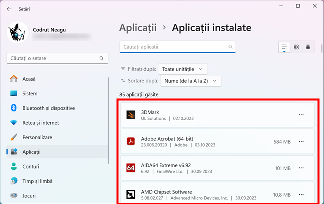 Lista de aplicaÈ›ii instalate pe un PC cu Windows 11