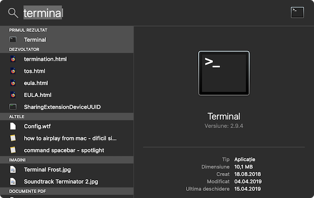 GÄƒseÈ™te aplicaÈ›ia Terminal cu ajutorul Spotlight
