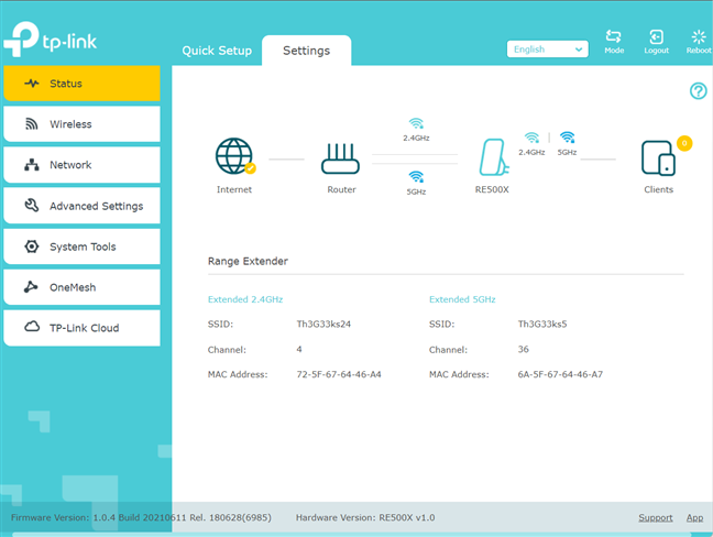 InterfaÈ›a de administrare pentru TP-Link RE500X