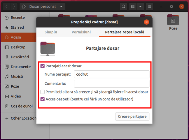 Configurarea partajÄƒrii unui folder Ã®n Ubuntu Linux