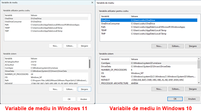 Variabile de mediu Ã®n Windows 11 vs Windows 10