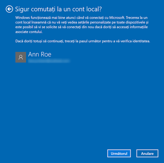 ComutÄƒ la un cont local Ã®n Windows 10