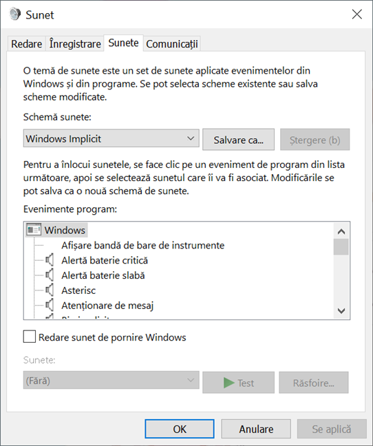 Fereastra Sunet din Windows 10