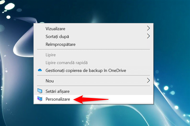 ApasÄƒ Personalizare din meniul contextual