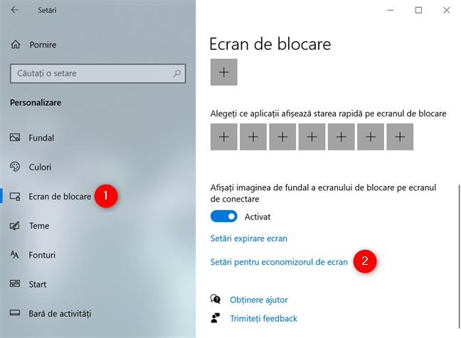 AcceseazÄƒ linkul SetÄƒri pentru economizorul de ecran din fila Ecran de blocare