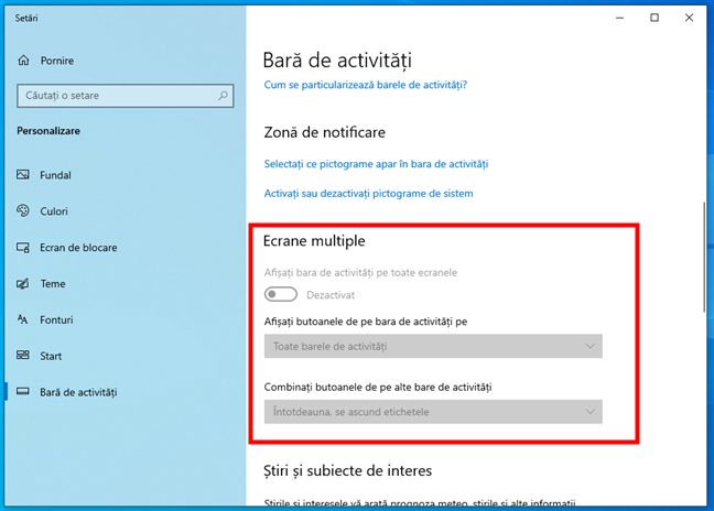 OpÈ›iunile Ecrane multiple pentru bara de activitÄƒÈ›i din Windows 10