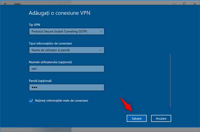 AdÄƒugare conexiune VPN: Salvarea conexiunii VPN