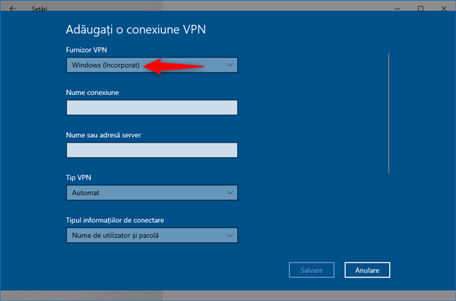 AdÄƒugare conexiune VPN: SelecteazÄƒ Windows ca Furnizor VPN