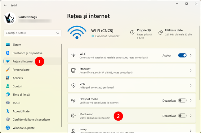 SetÄƒrile Mod avion Ã®n Windows 11