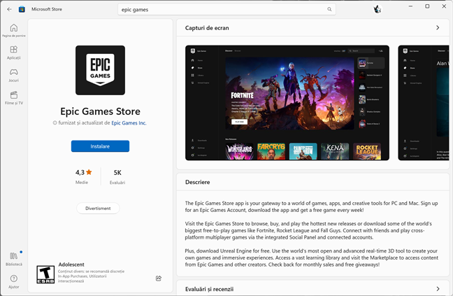 Epic Games Ã®n Microsoft Store din Windows 11