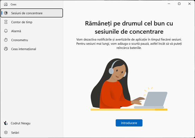 Sesiunile de concentrare din aplicaÈ›ia Ceas Ã®n Windows 11