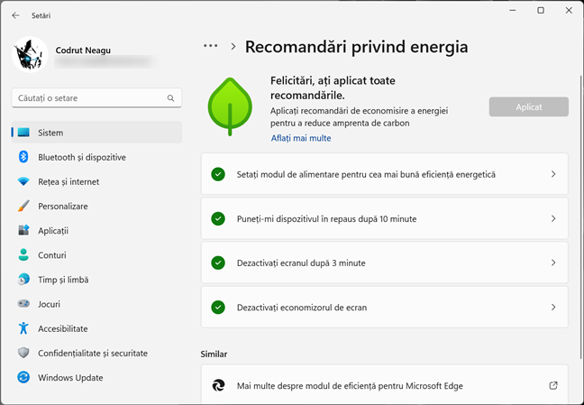 RecomandÄƒri privind energia Ã®n Windows 11