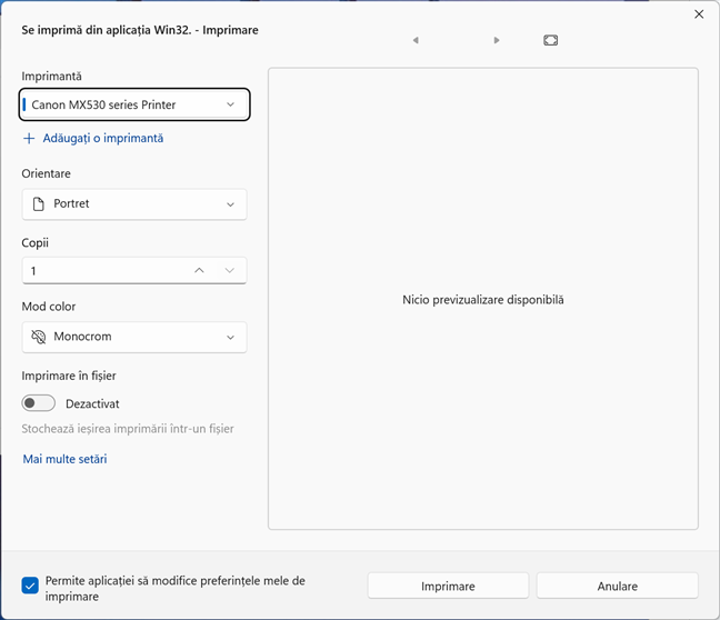 Fereastra Imprimare din Notepad