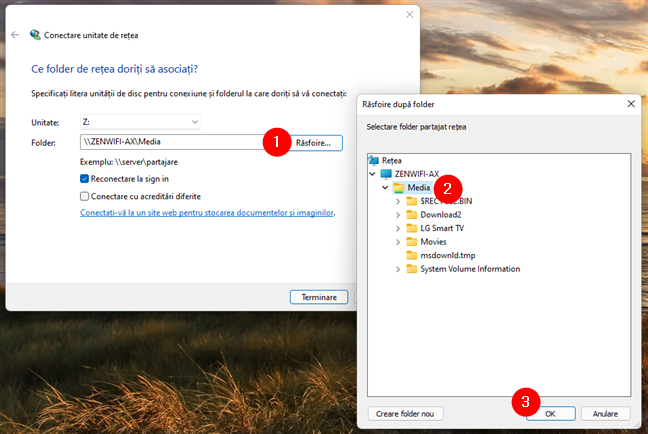 RÄƒsfoire È™i selectare folder pentru conectarea ca unitate de reÈ›ea