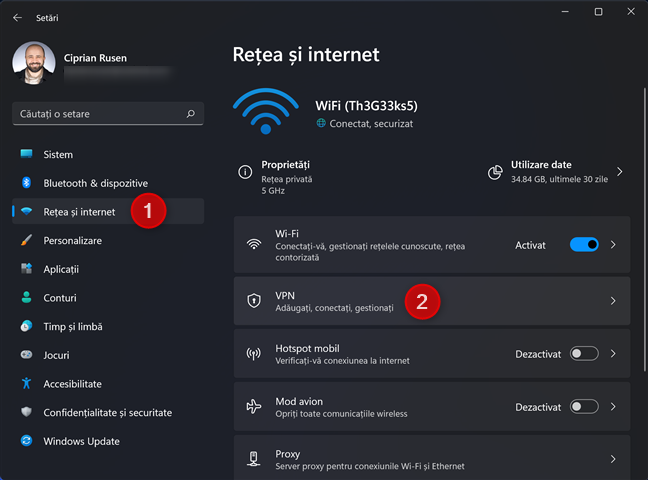 ÃŽn SetÄƒrile Windows 11, mergi la ReÈ›ea È™i internet > VPN