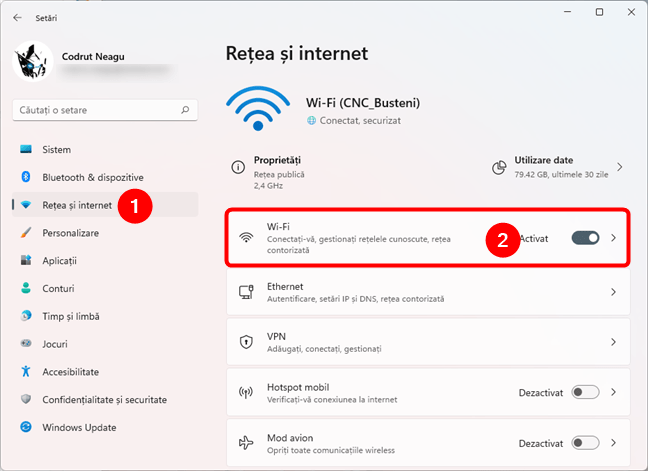 Comutatorul Wi-Fi din aplicaÈ›ia SetÄƒri