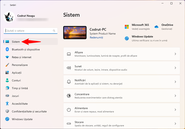 SecÈ›iunea Sistem din aplicaÈ›ia SetÄƒri a Windows 11