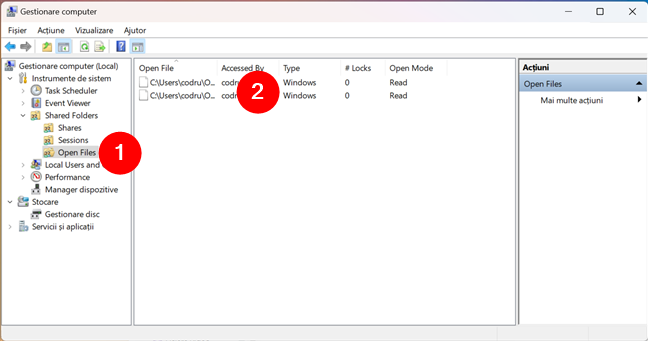 Open Files afiÈ™eazÄƒ lista fiÈ™ierelor partajate deschise Ã®n prezent de cÄƒtre utilizatori