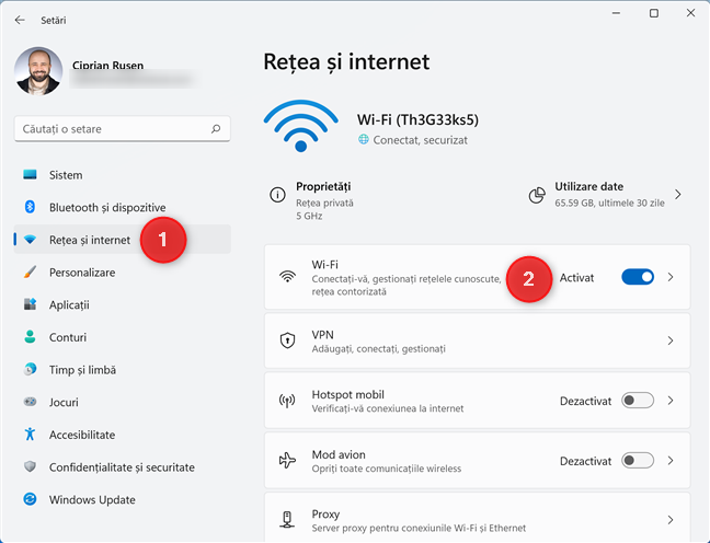 Alege Wi-Fi din setÄƒrile ReÈ›ea È™i internet