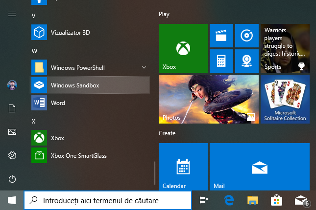 ScurtÄƒtura Windows Sandbox din Windows 10